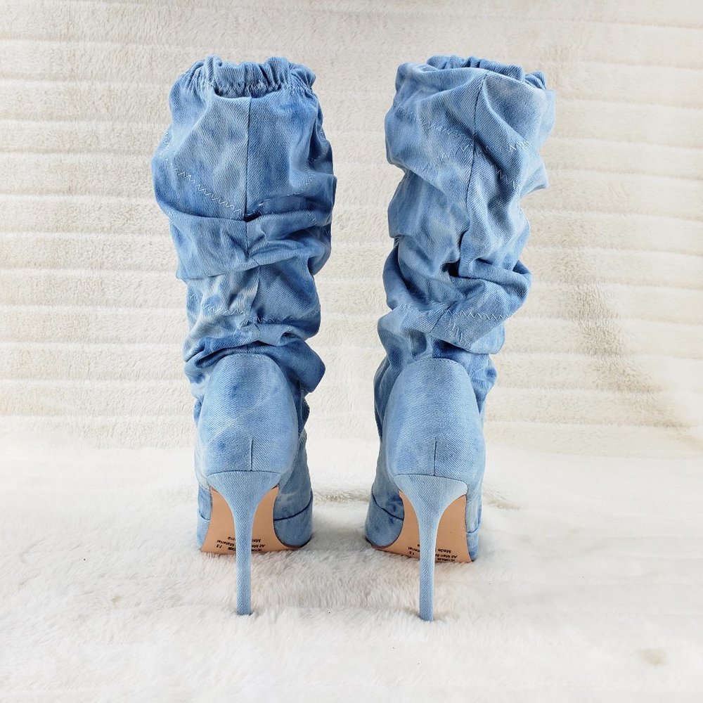 Mineral Wash Denim Square toe Scrunch Slouch Mid Calf Pull On Heeled boots - Picture 13 of 15